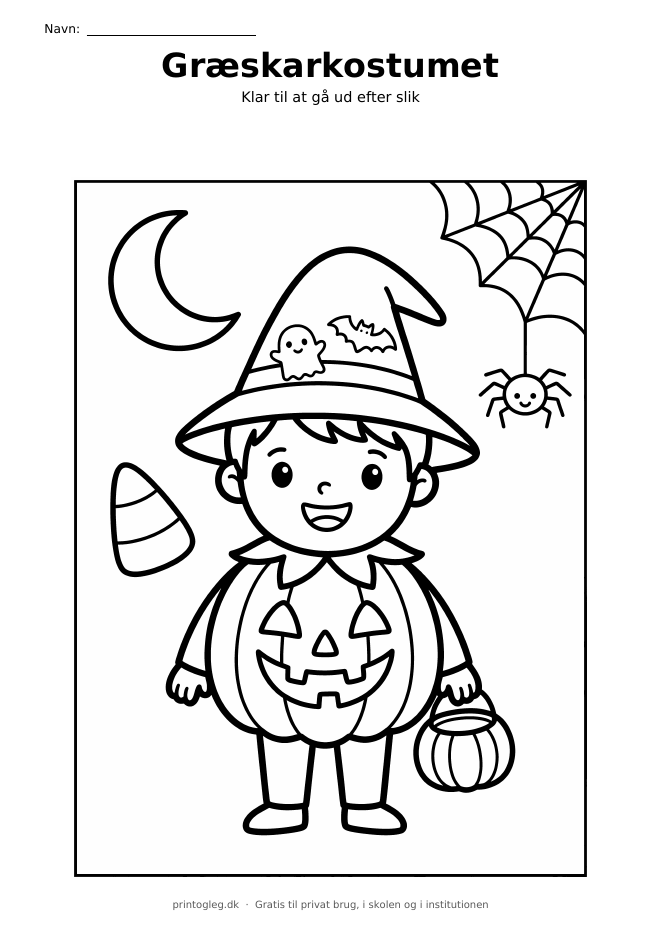 Barn i græskarkostume malebillede – gratis til print