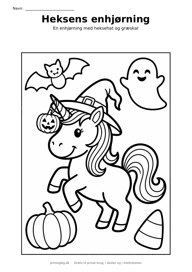 Halloween enhjørning malebillede – gratis til print