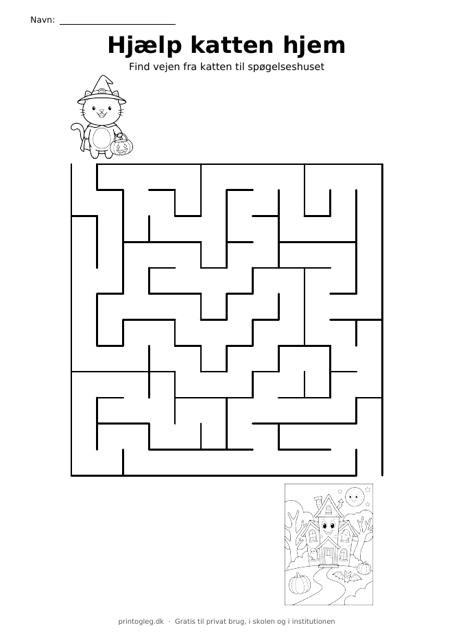Hjælp katten hjem – halloween-labyrint – gratis til print
