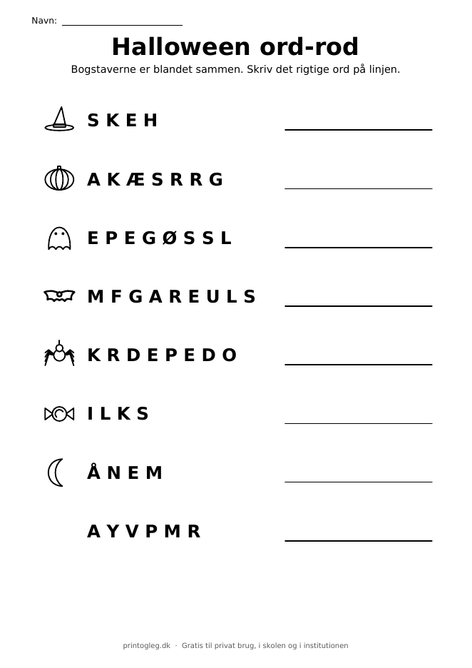 Halloween ord-rod til print