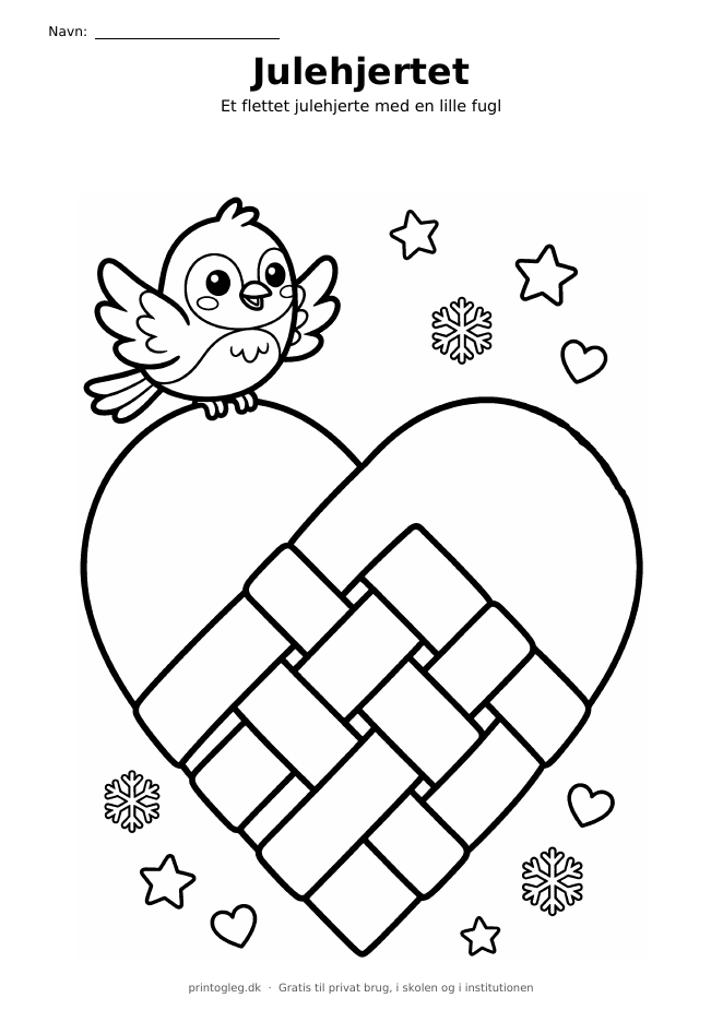 Flettet julehjerte med fugl – gratis til print