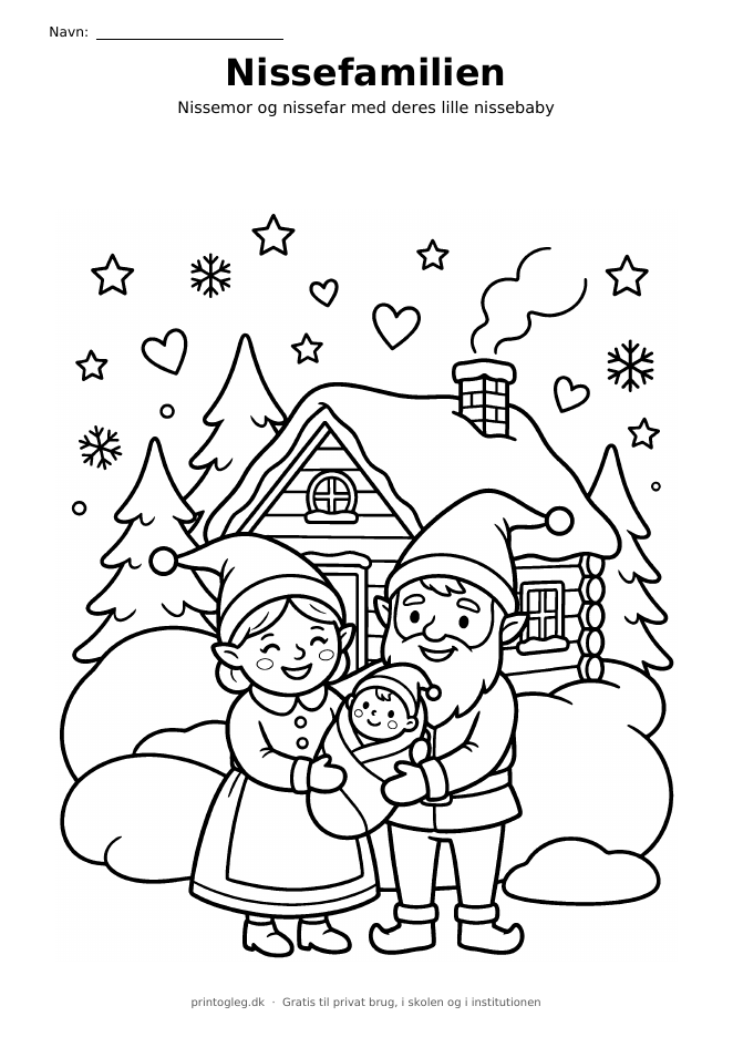Nissefamilie foran huset – gratis til print