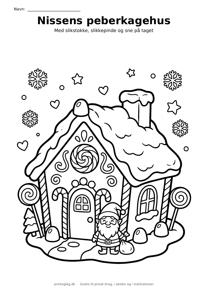 Nisse foran peberkagehuset – gratis til print