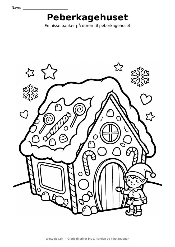 Peberkagehus med nisse – gratis til print